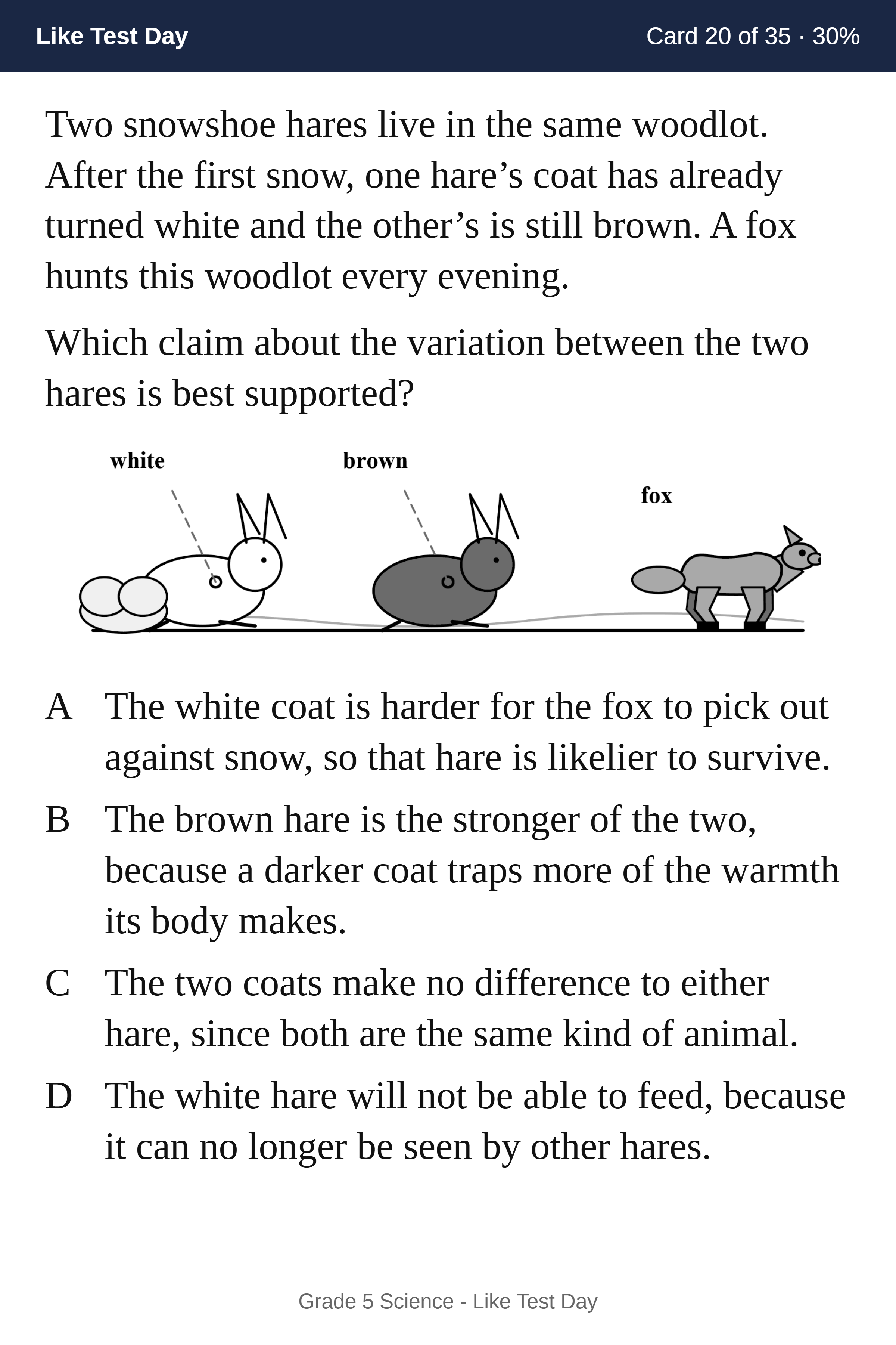Flashcard front: a test-style science question with a labeled drawing and four answer choices