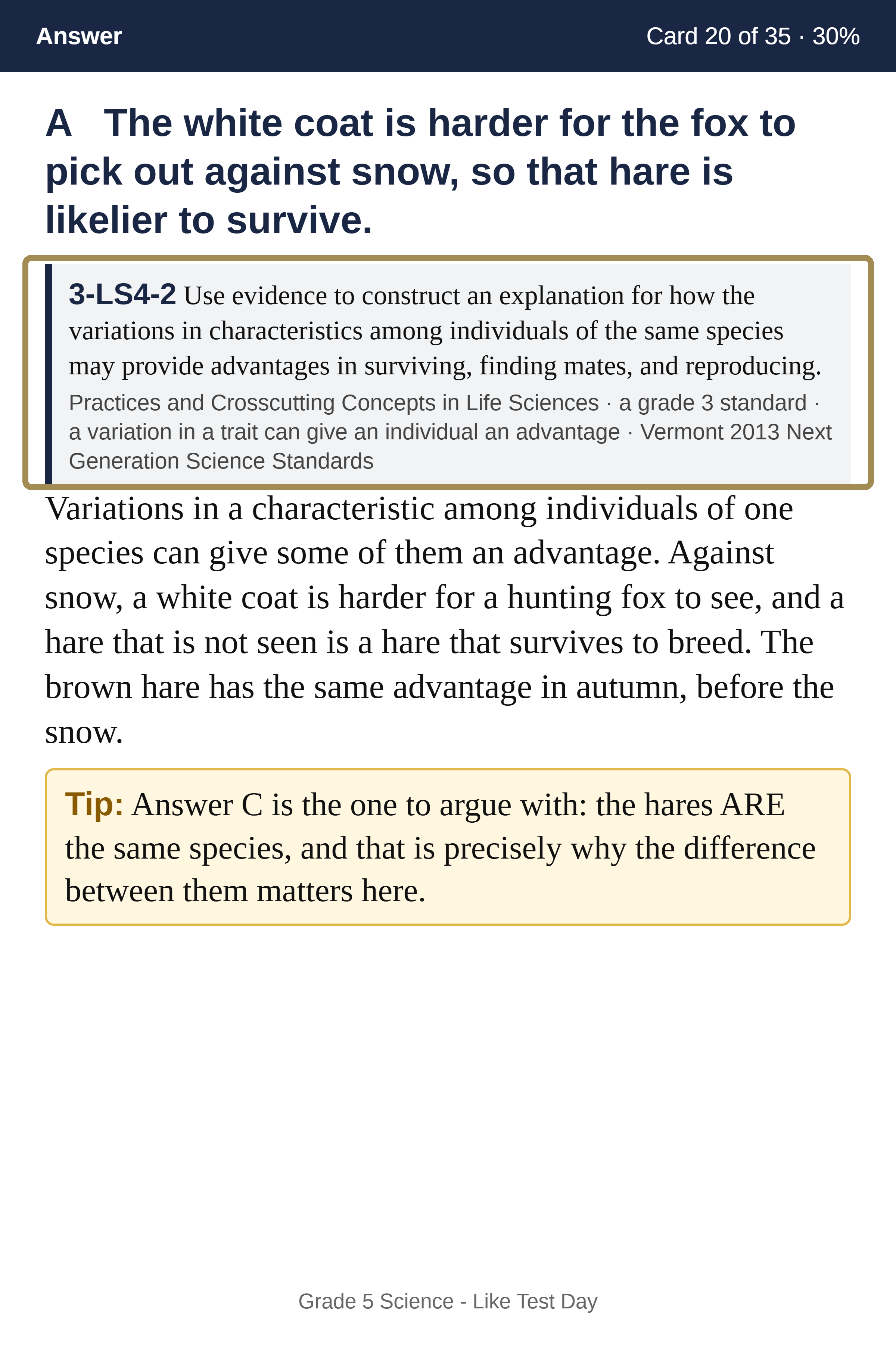 Flashcard back: the correct answer, an explanation, a highlighted Tip, and the standard it tests