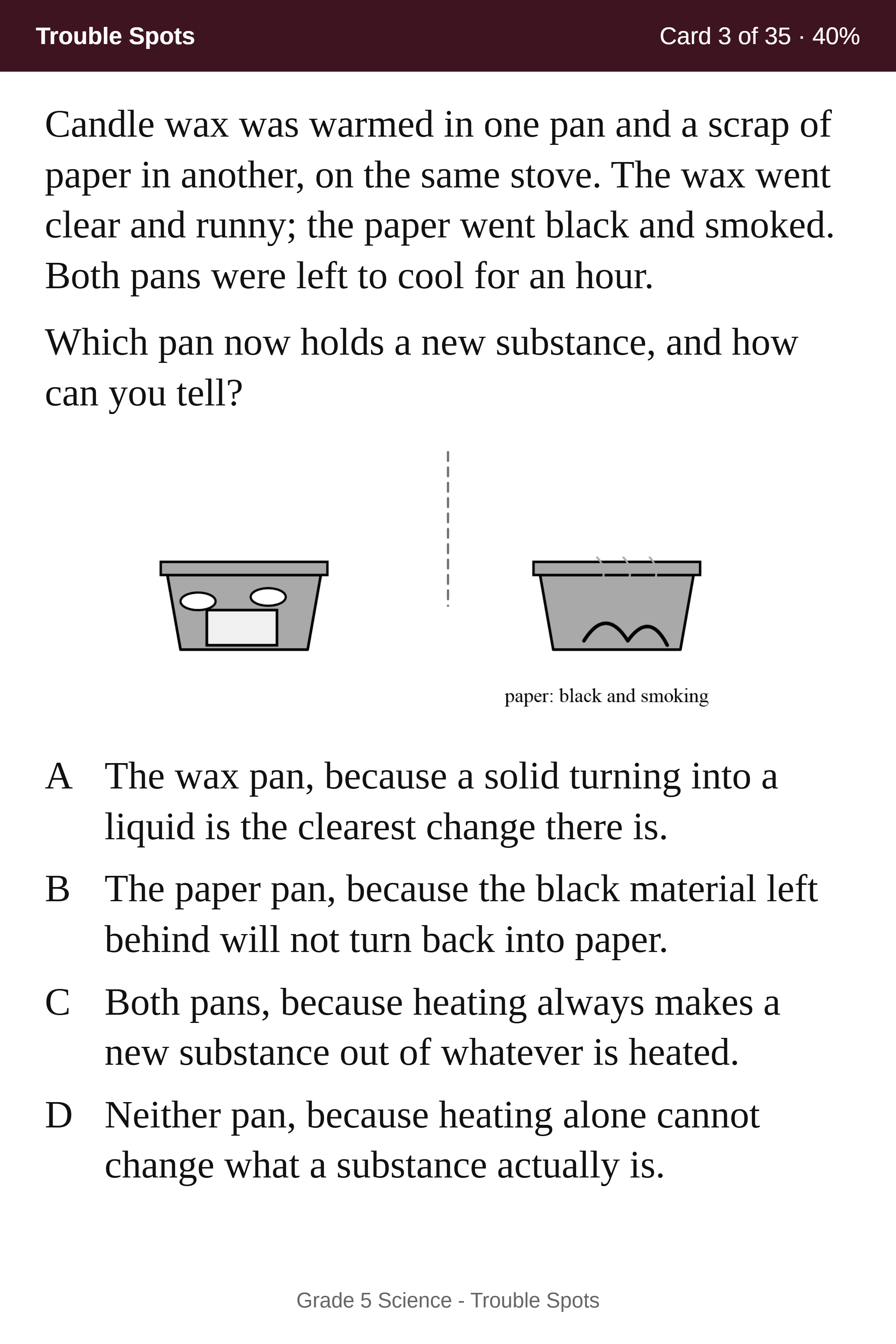 A Trouble Spots question card with a drawing and four answer choices