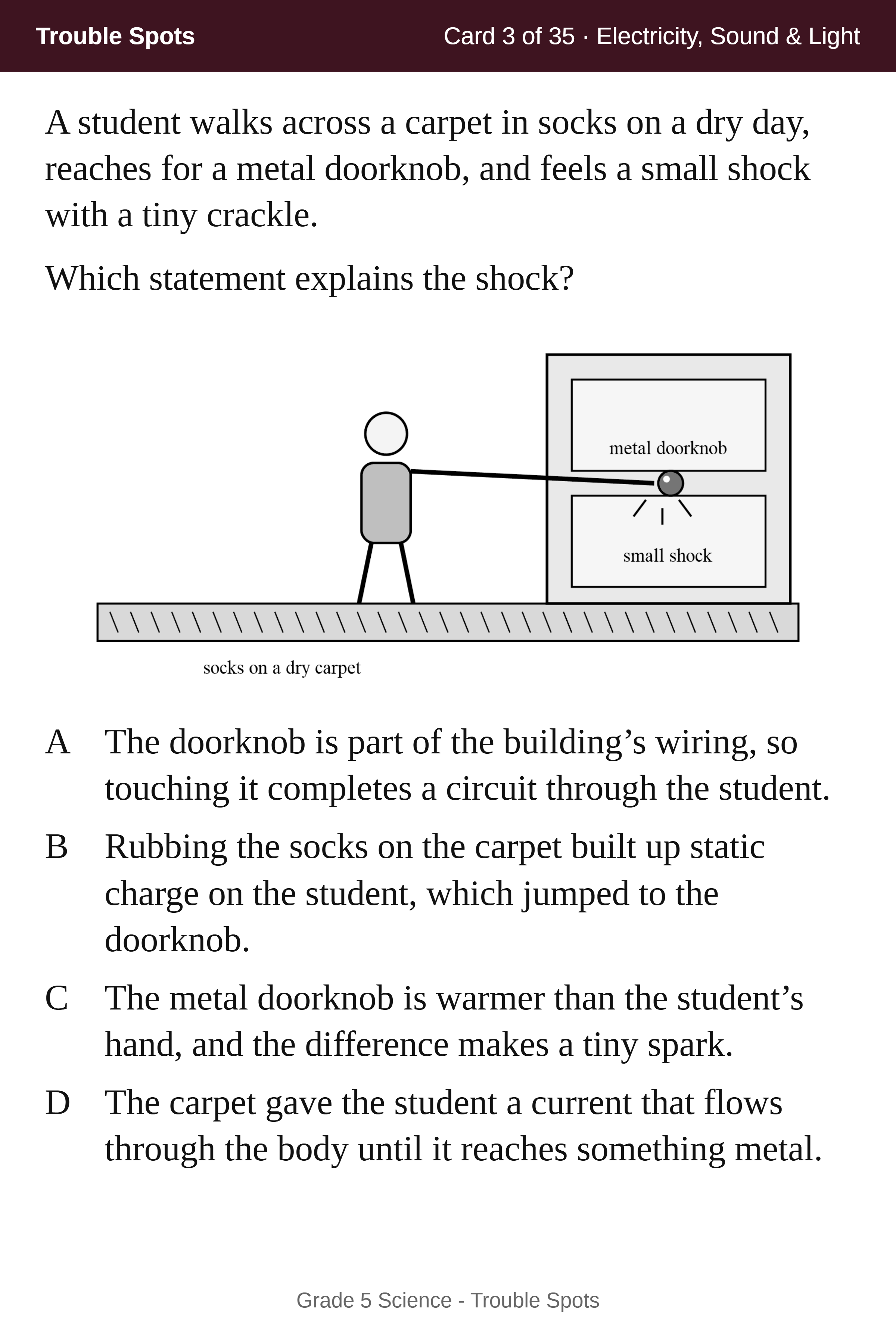 A Trouble Spots question card with a drawing and four answer choices