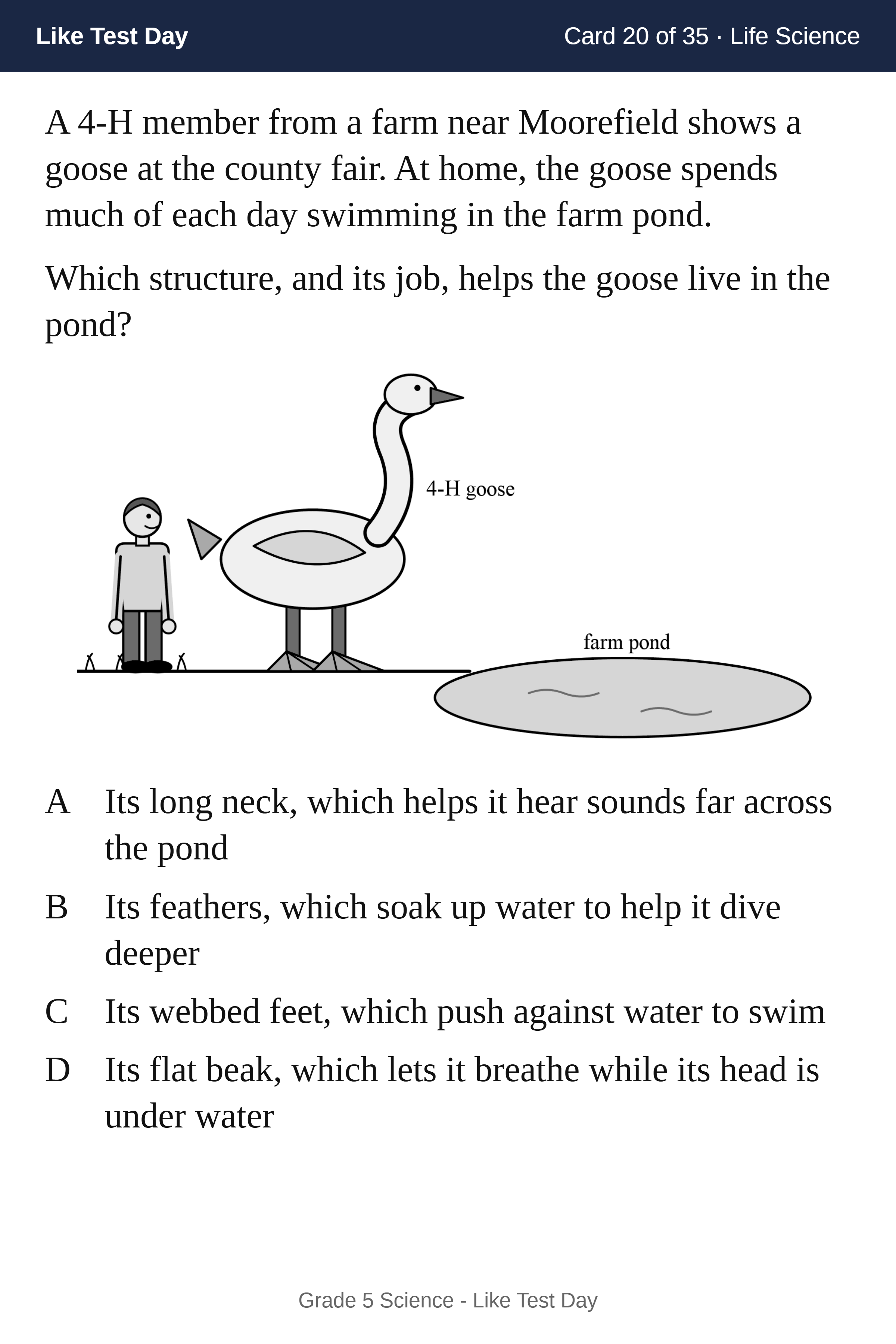 Flashcard front: a test-style science question with a labeled drawing and four answer choices
