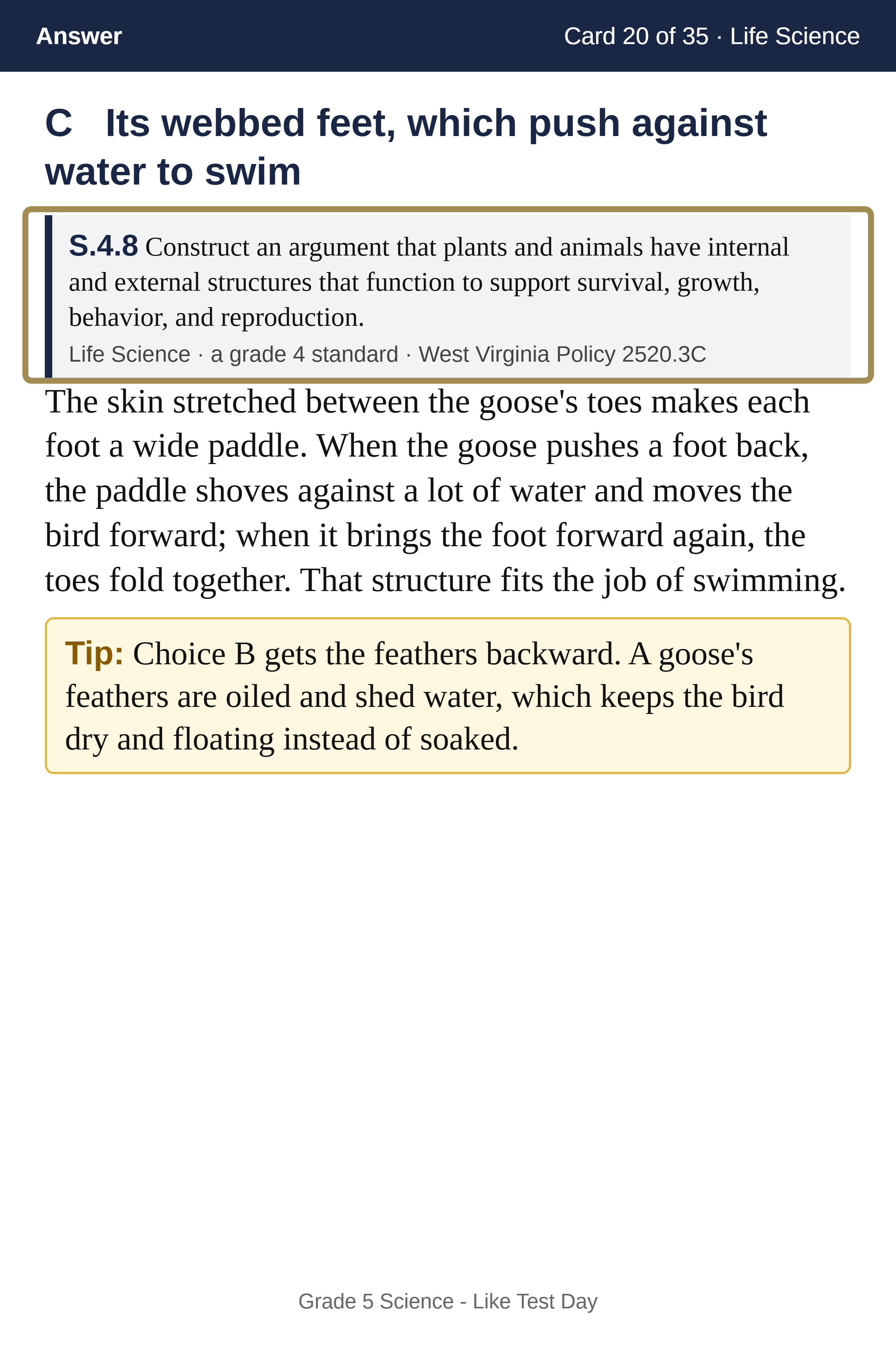 Flashcard back: the correct answer, an explanation, a highlighted Tip, and the standard it tests
