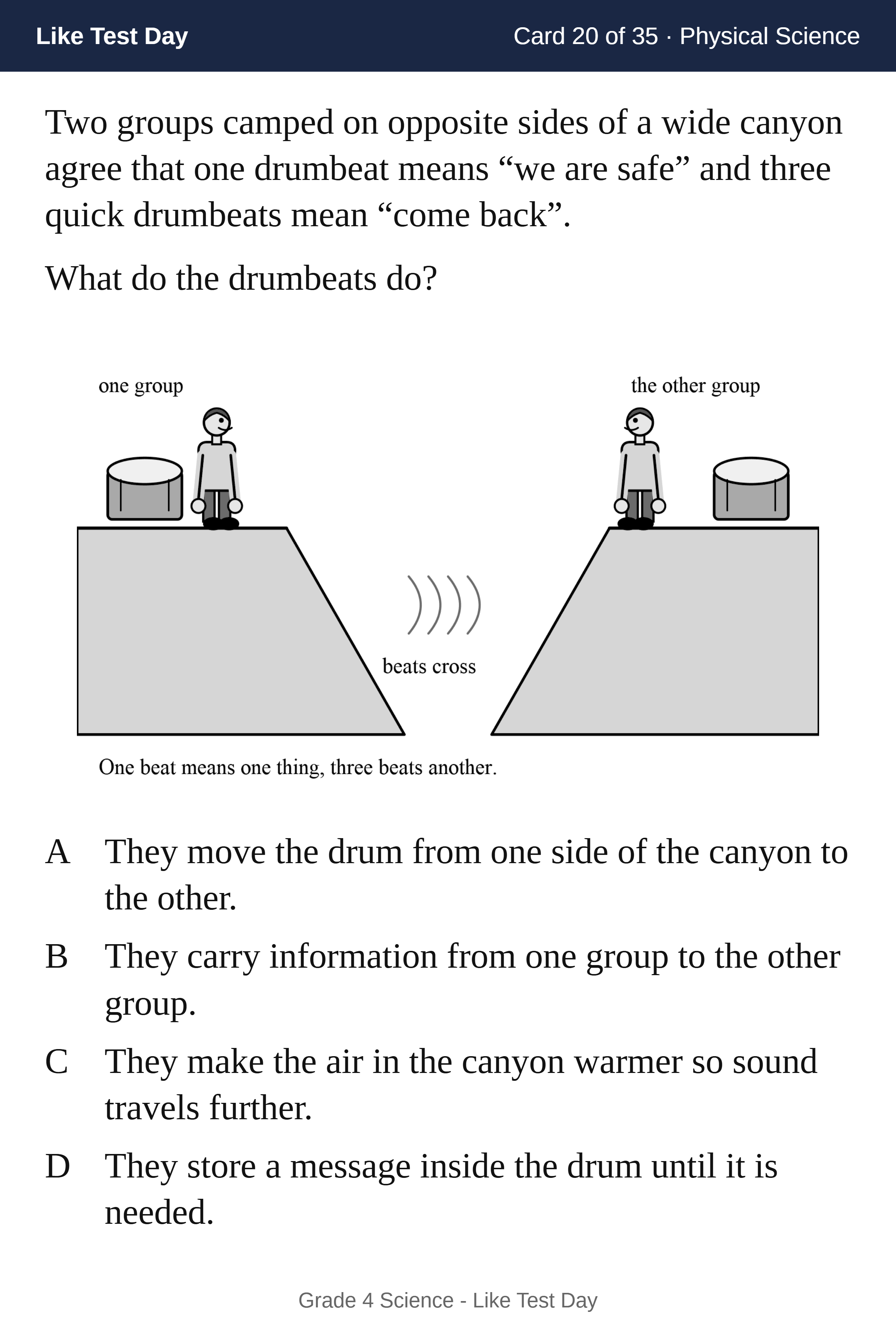 Flashcard front: a test-style science question with a labeled drawing and four answer choices