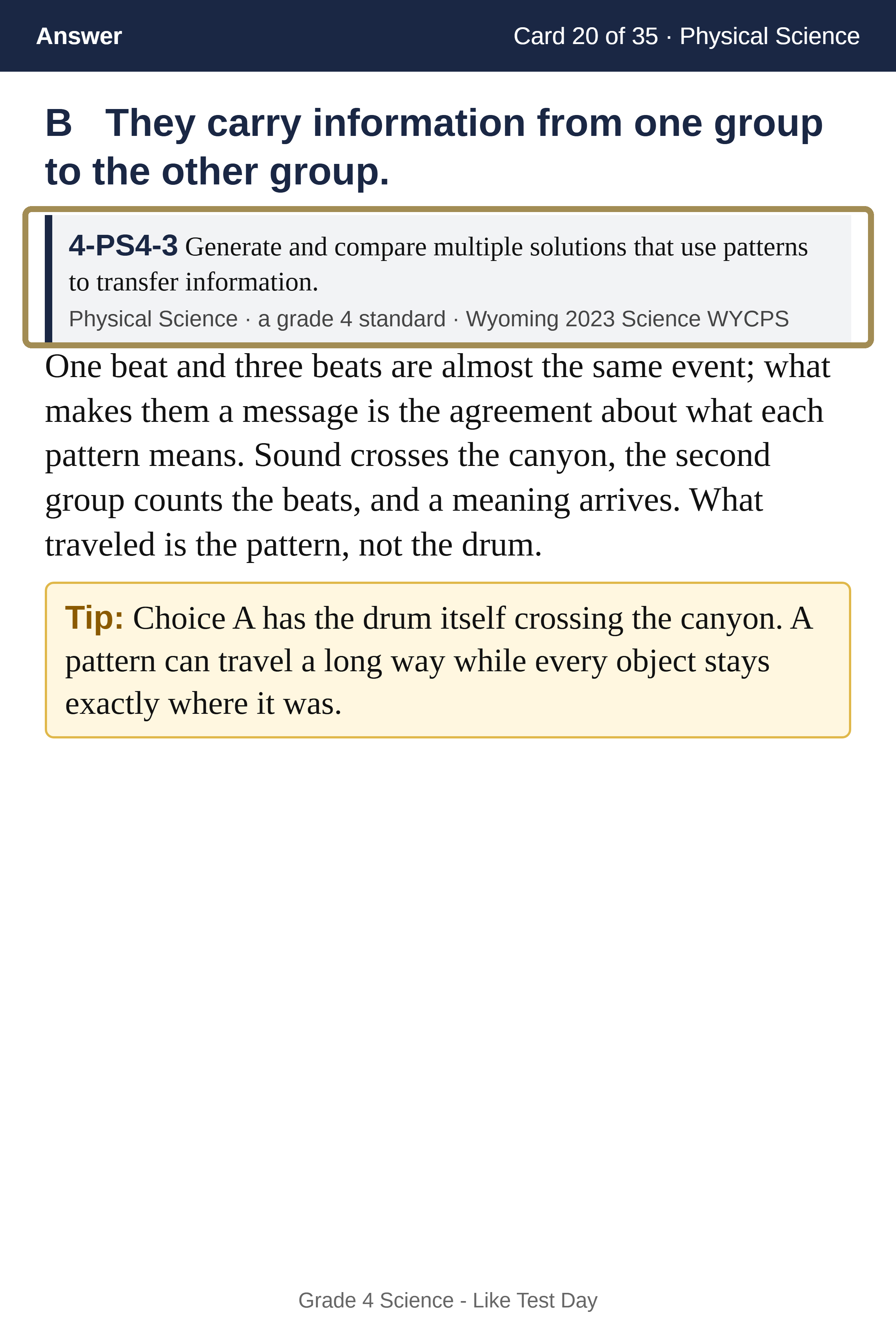 Flashcard back: the correct answer, an explanation, a highlighted Tip, and the standard it tests