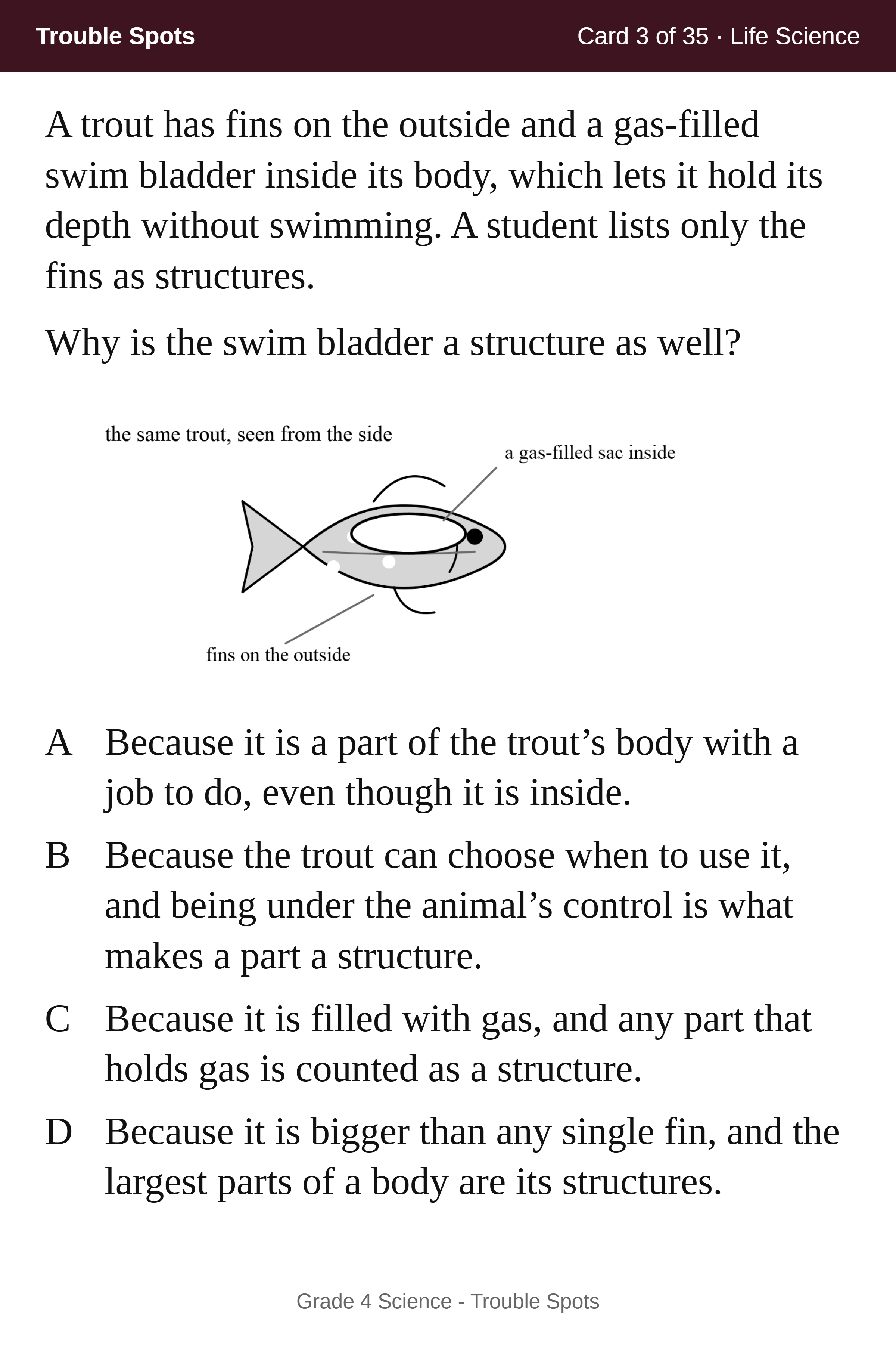 A Trouble Spots question card with a drawing and four answer choices