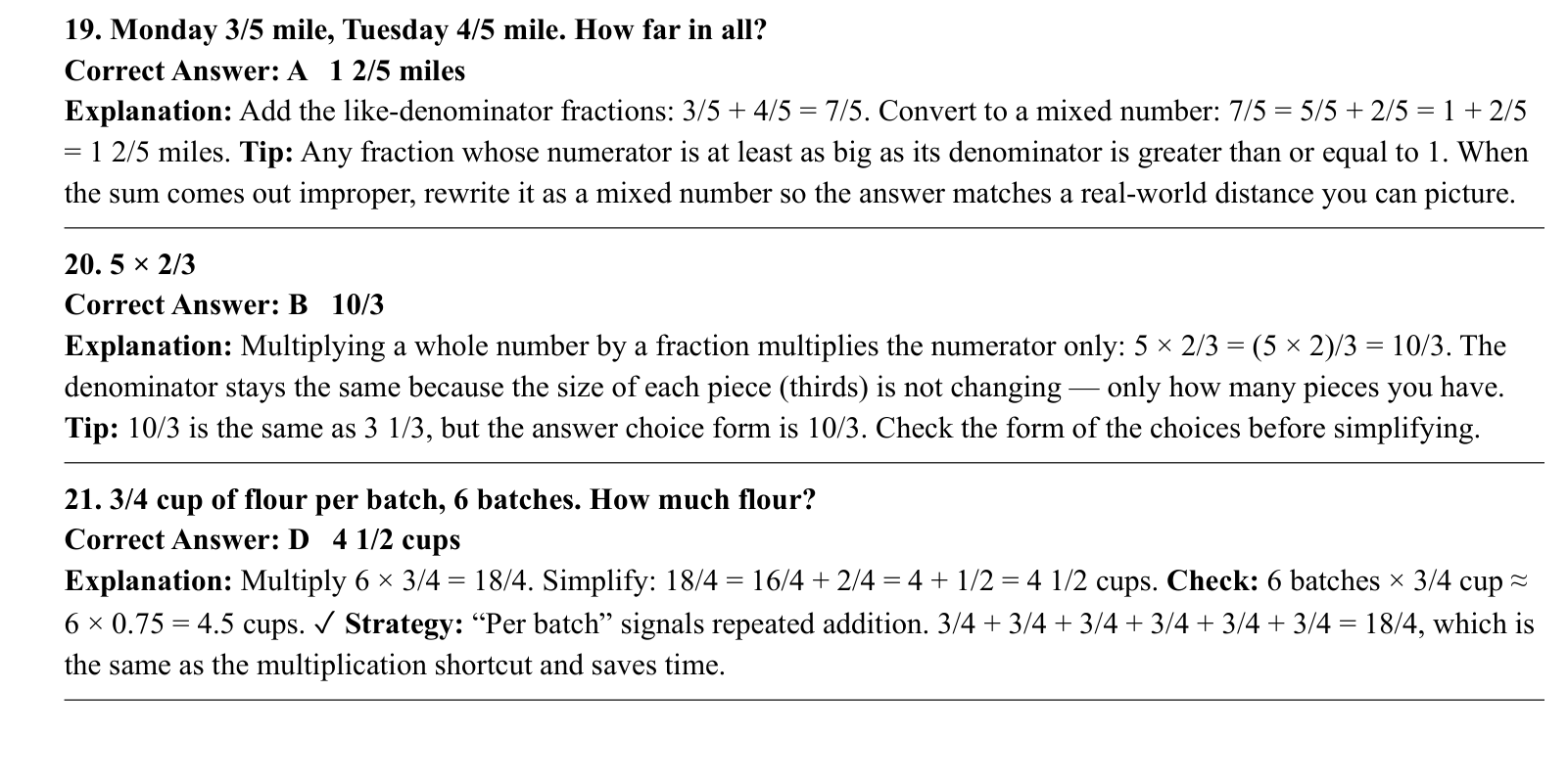 Worked answers for questions 19 to 21, each giving the correct answer and the steps of the solution.