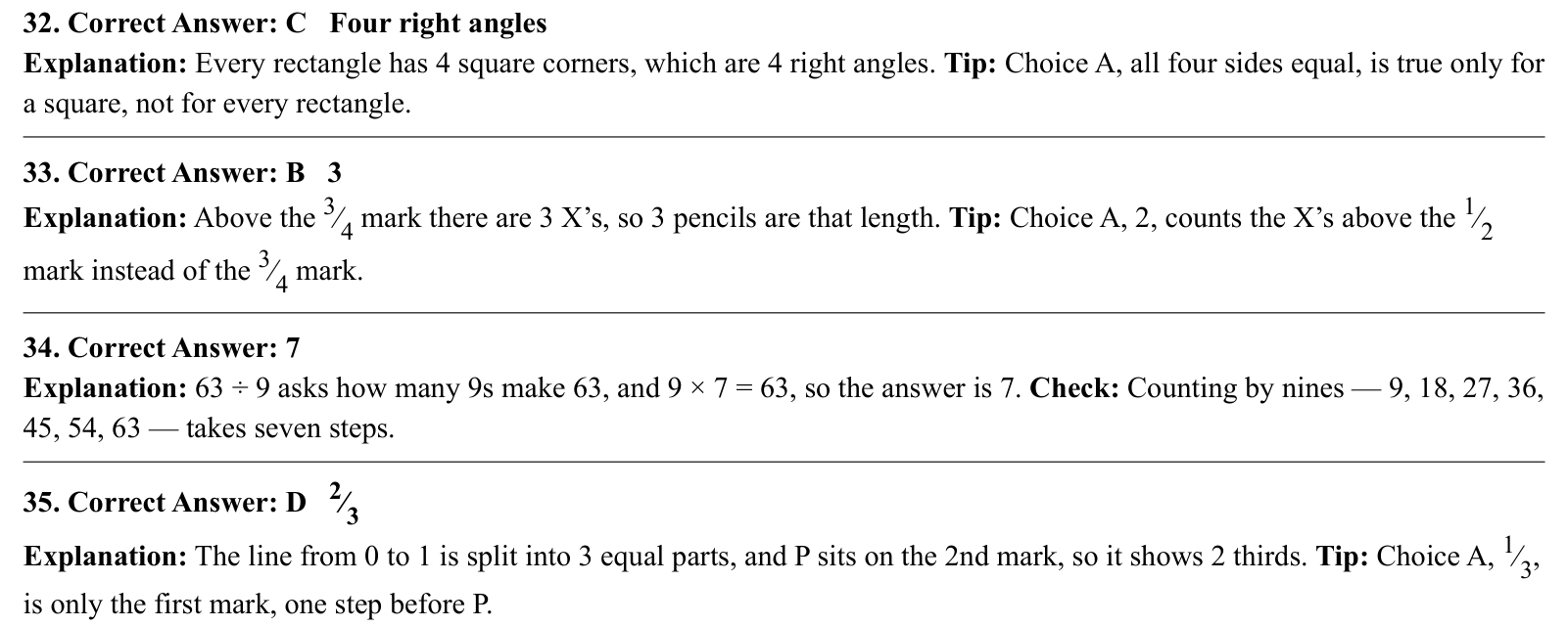 Worked answers for questions 32 to 35, each giving the correct answer and the steps of the solution.