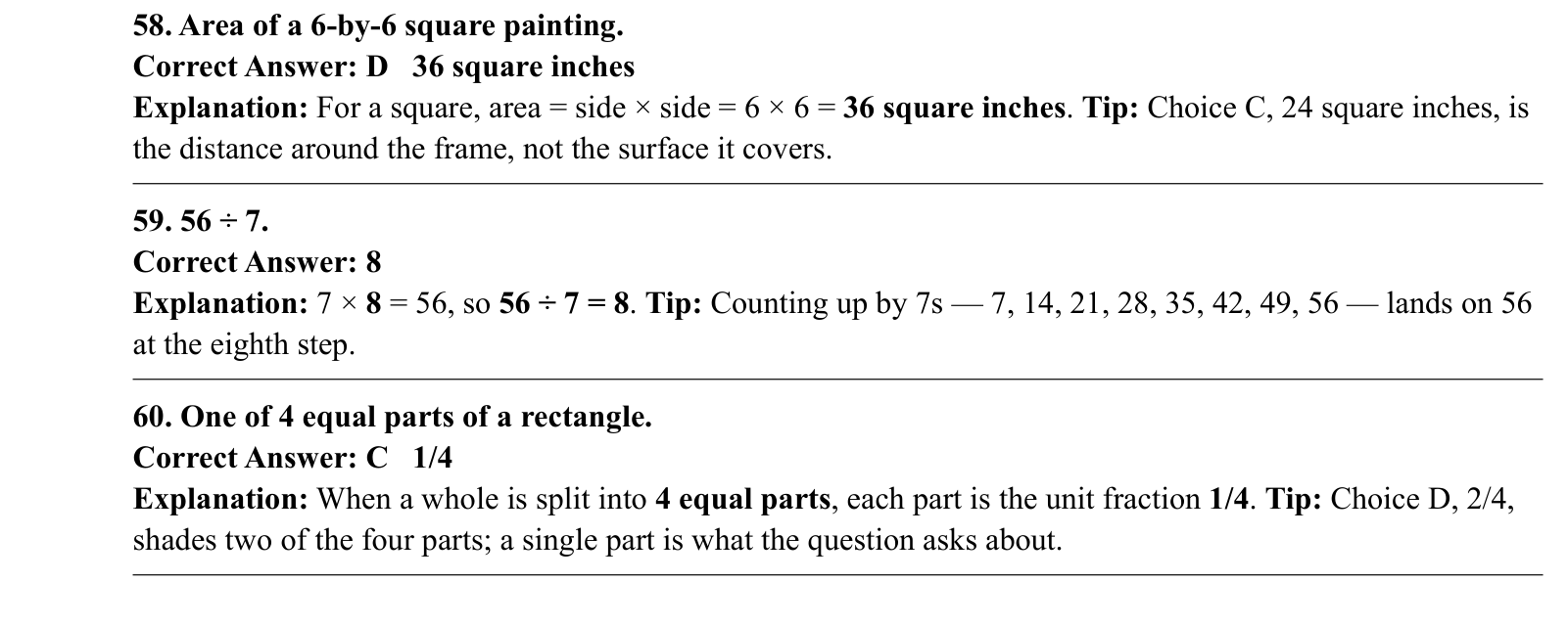 Worked answers for questions 58 to 60, each giving the correct answer and the steps of the solution.