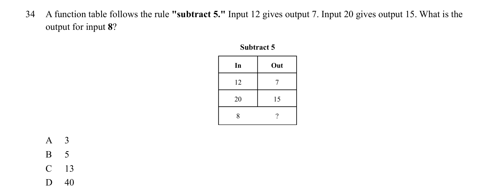 Practice question 34, built on a table: A function table follows the rule "subtract 5." Input 12 gives output 7.