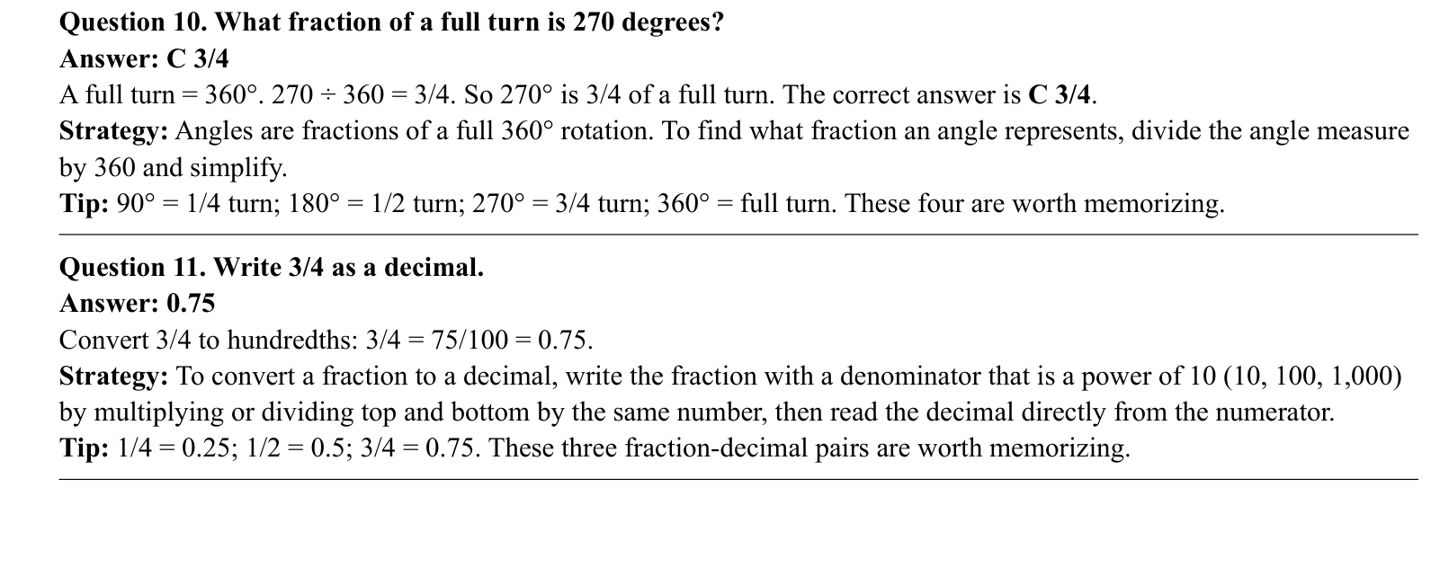 Worked answers for questions 10 to 11, each giving the correct answer and the steps of the solution.