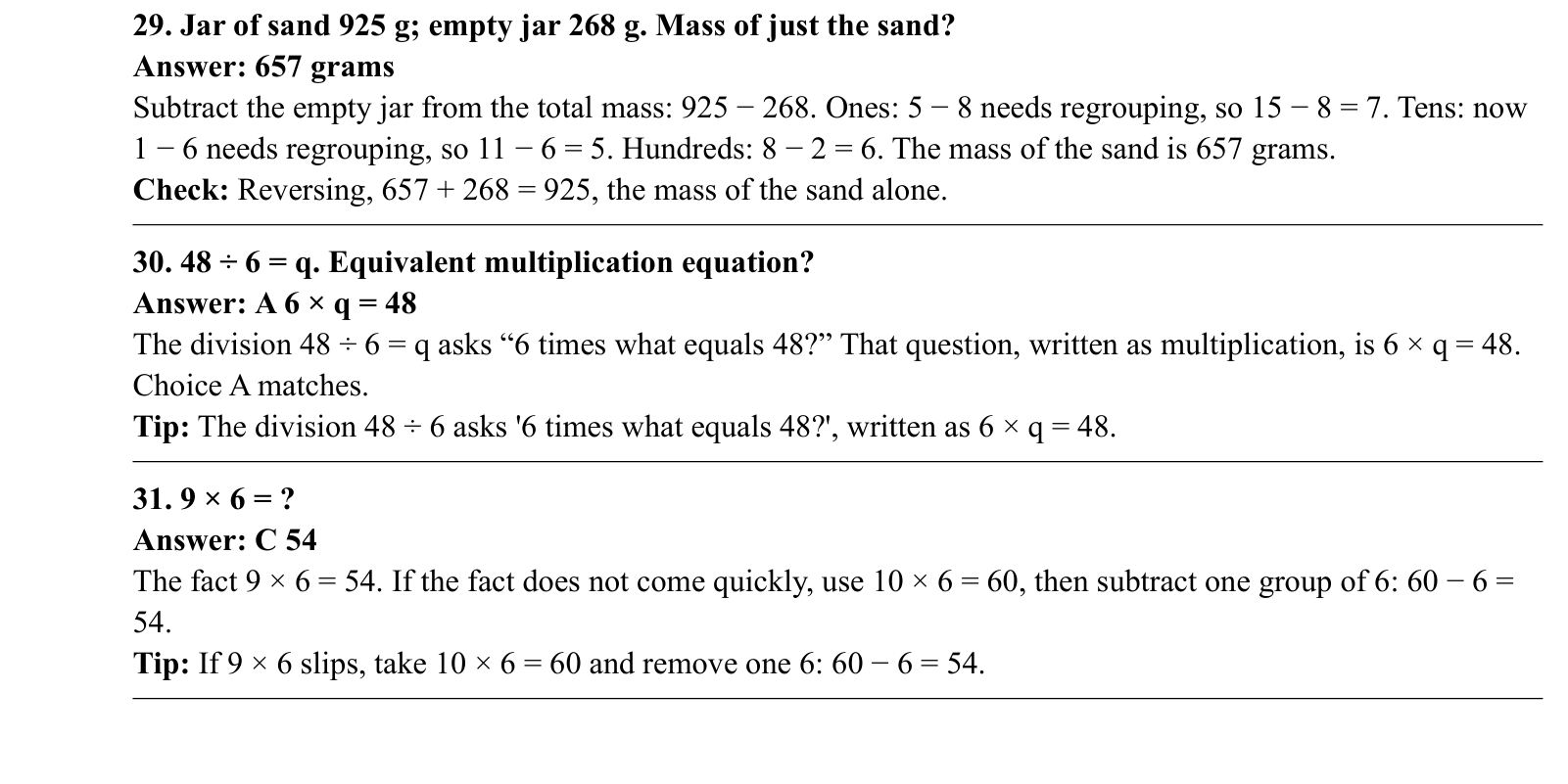 Worked answers for questions 29 to 54, each giving the correct answer and the steps of the solution.
