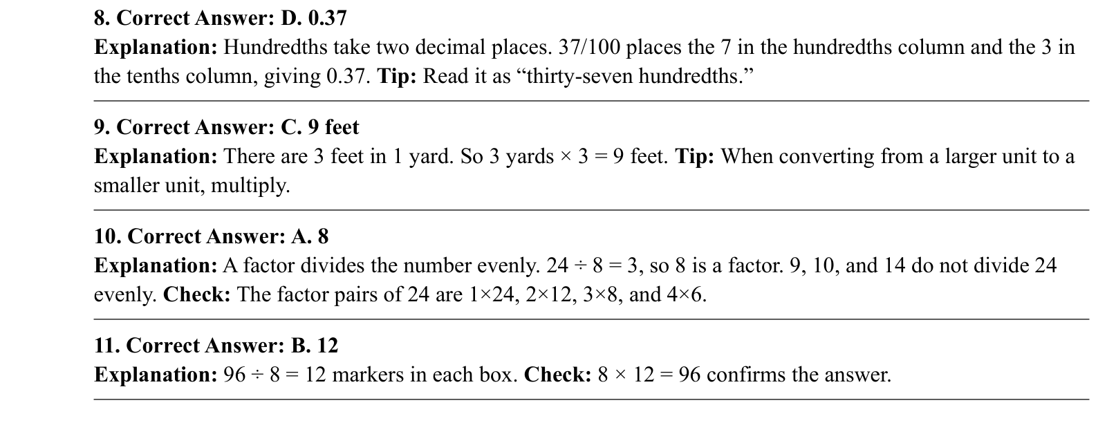 Worked answers for questions 8 to 11, each giving the correct answer and the steps of the solution.
