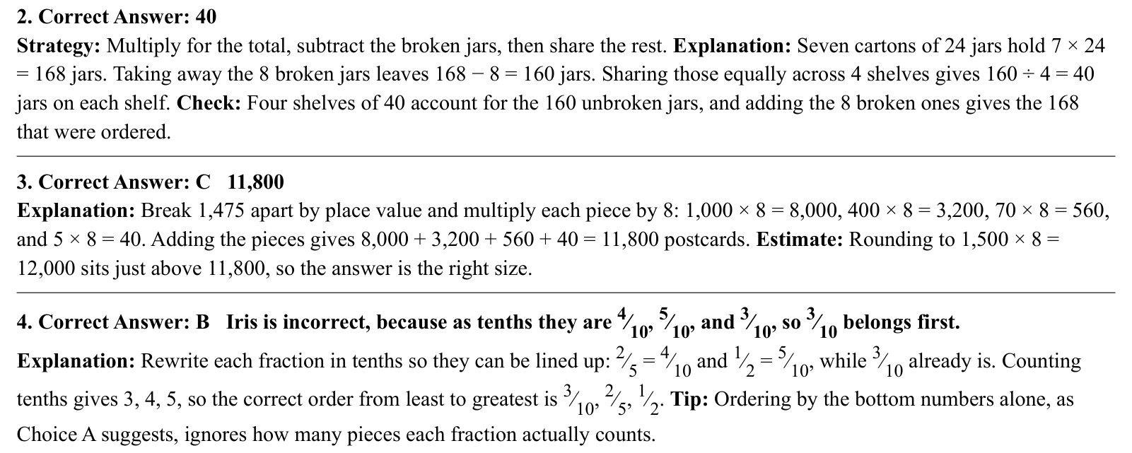 Worked answers for questions 2 to 4, each giving the correct answer and the steps of the solution.