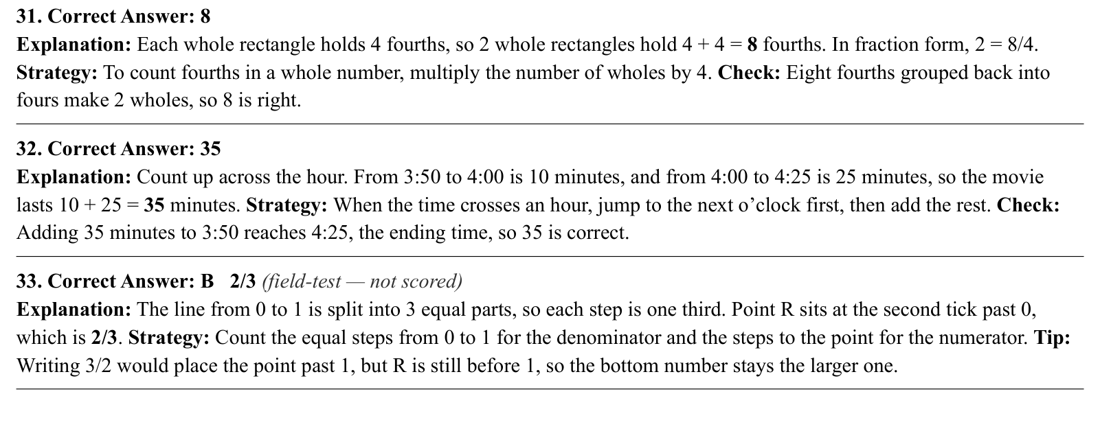 Worked answers for questions 31 to 33, each giving the correct answer and the steps of the solution.