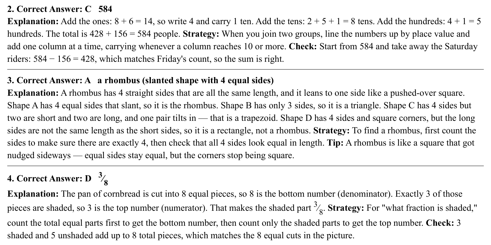 Worked answers for questions 2 to 4, each giving the correct answer and the steps of the solution.