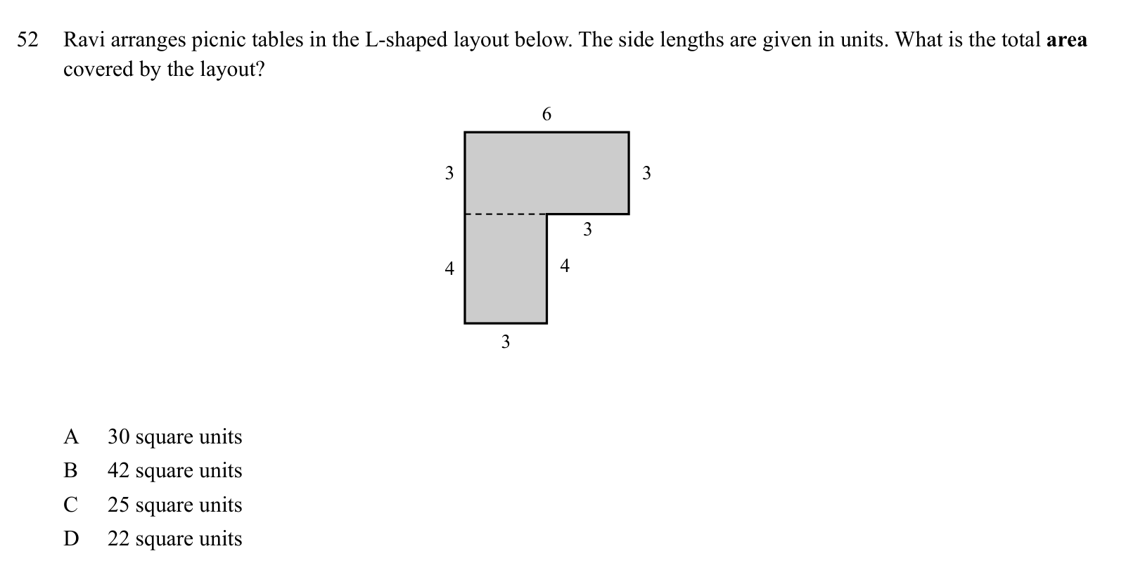 Practice question 52, built on a table: Ravi arranges picnic tables in the L-shaped layout below.