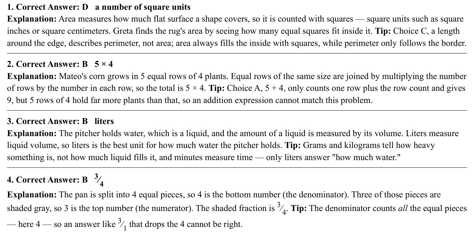 Worked answers for questions 1 to 4, each giving the correct answer and the steps of the solution.