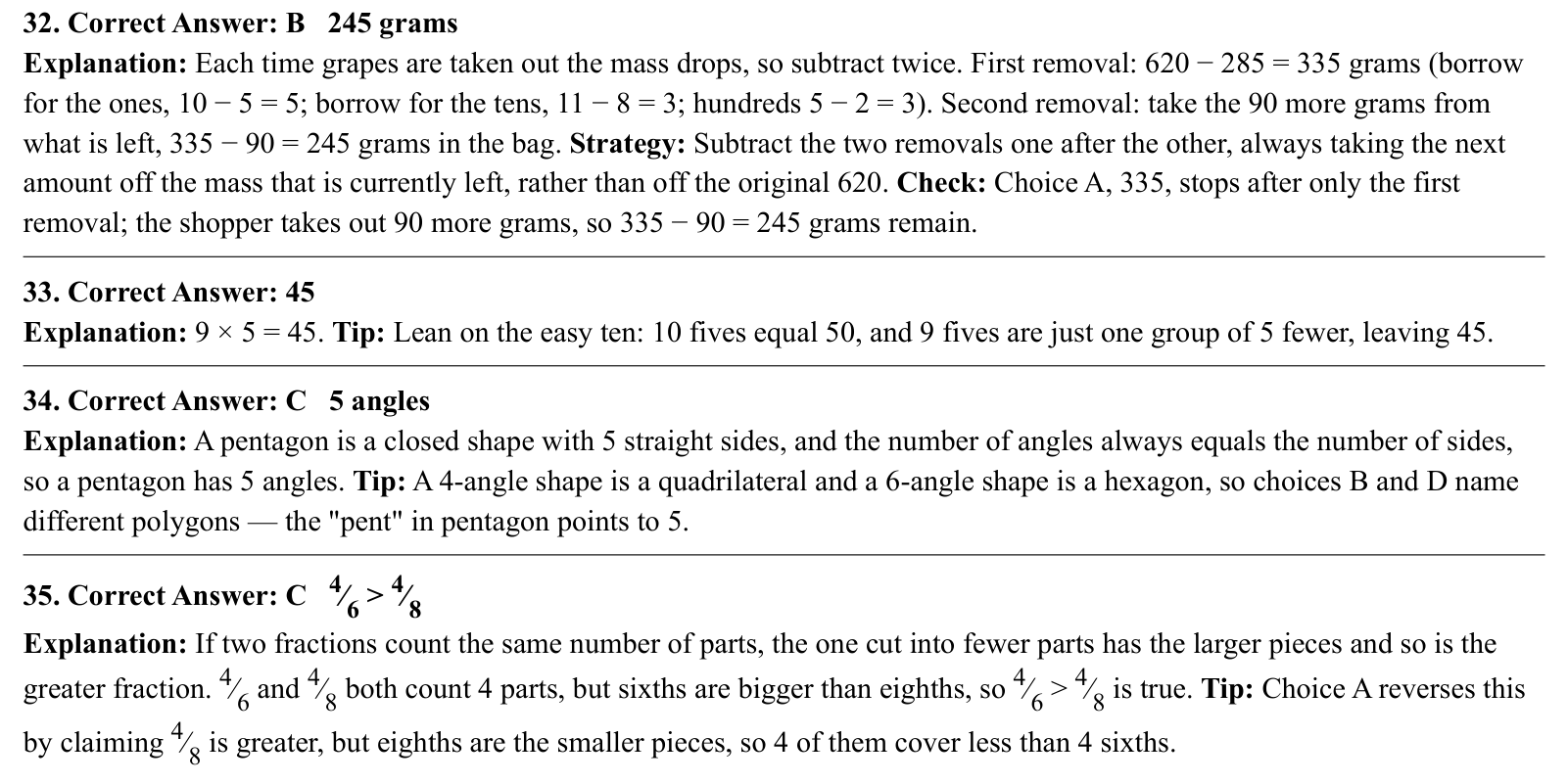 Worked answers for questions 32 to 35, each giving the correct answer and the steps of the solution.