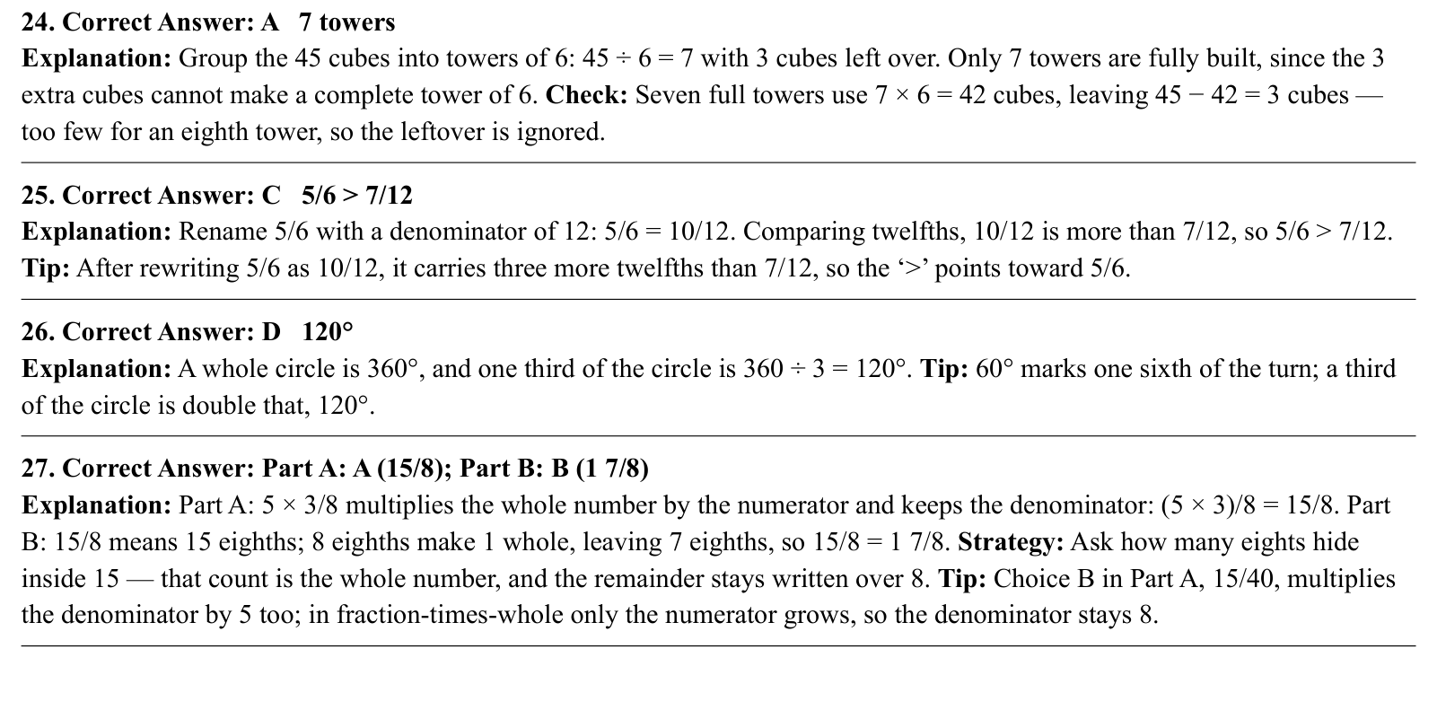 Worked answers for questions 24 to 27, each giving the correct answer and the steps of the solution.