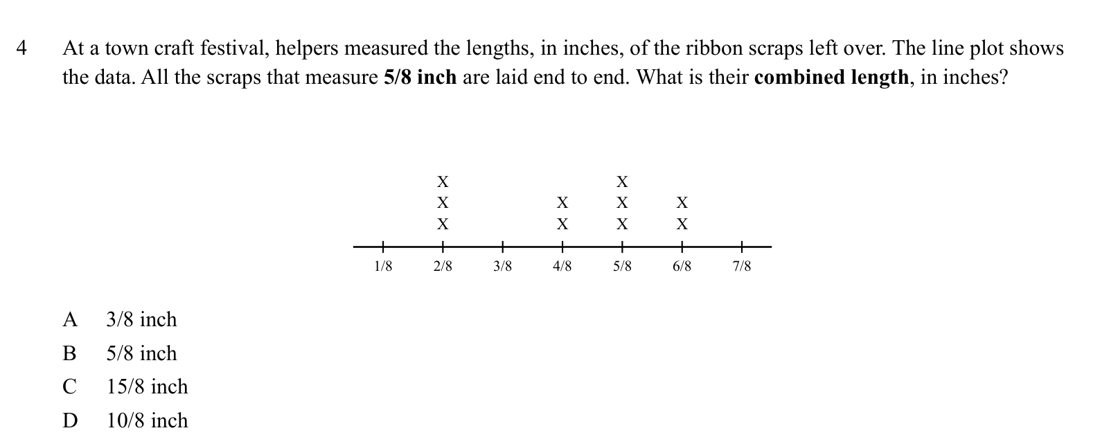 Practice question 4, built on a line plot: At a town craft festival, helpers measured the lengths, in inches, of the ribbon scraps left over.