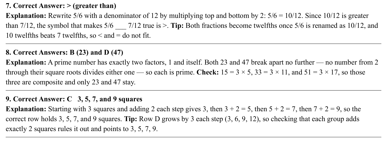 Worked answers for questions 7 to 9, each giving the correct answer and the steps of the solution.
