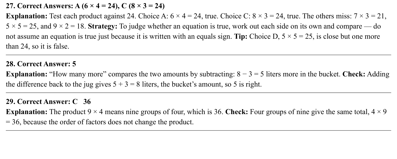Worked answers for questions 27 to 29, each giving the correct answer and the steps of the solution.
