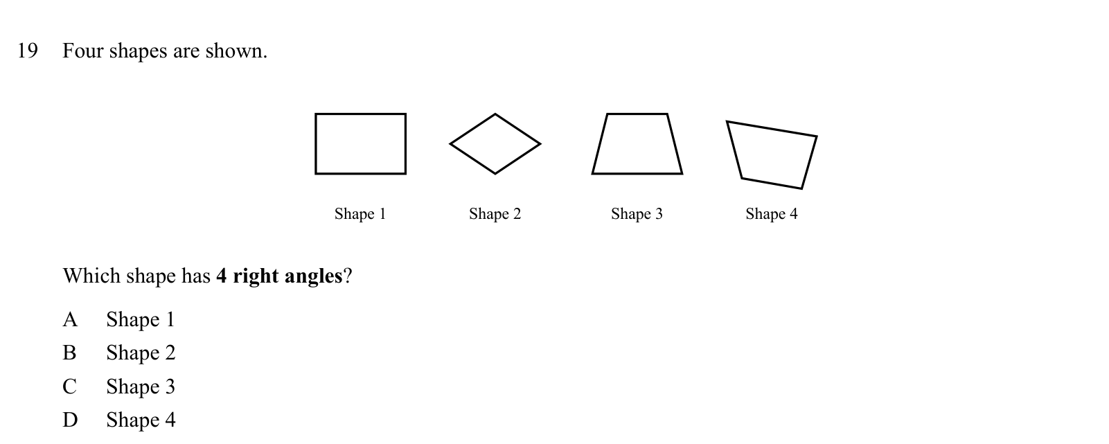 Practice question 19, built on a figure: Four shapes are shown.