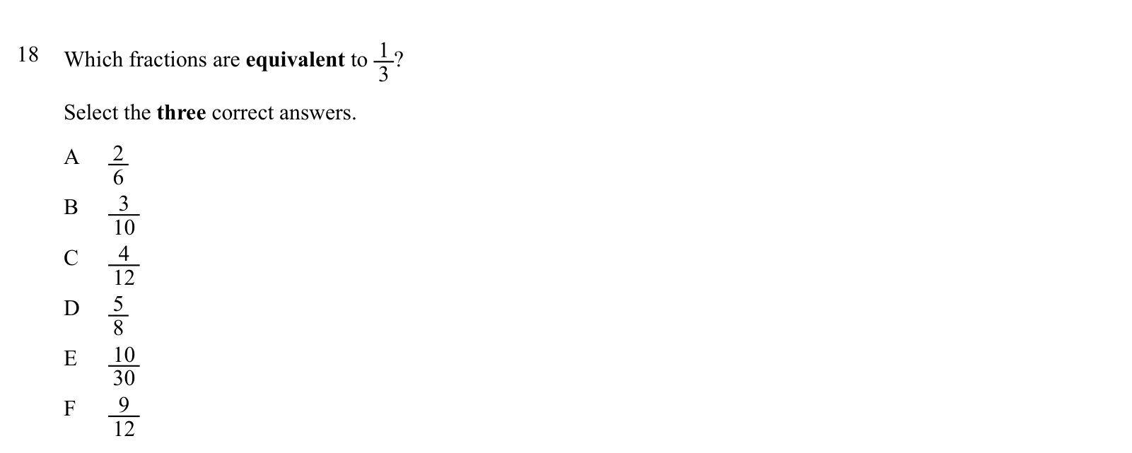 Practice question 18, built on a figure: Which fractions are equivalent to 1 3 ?