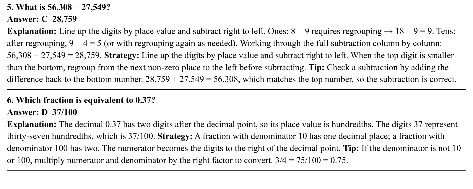 Worked answers for questions 5 to 6, each giving the correct answer and the steps of the solution.