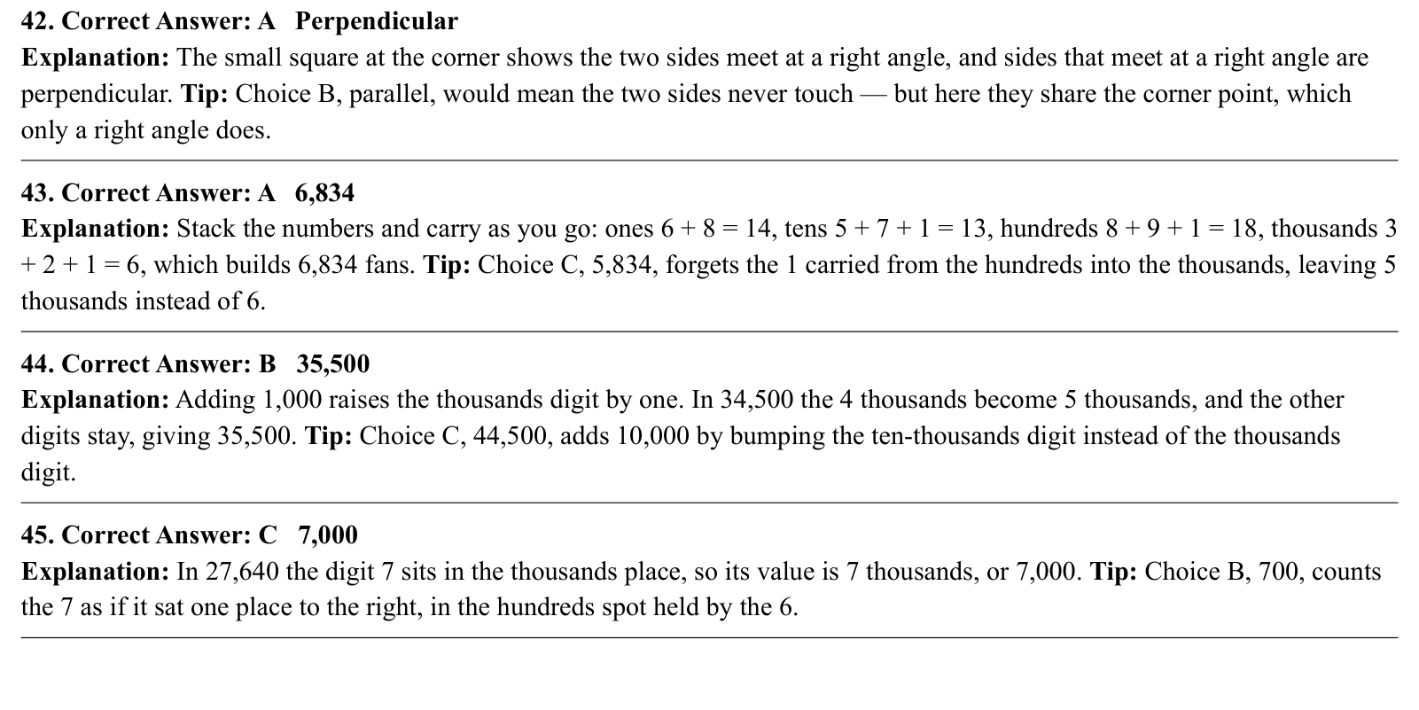 Worked answers for questions 42 to 45, each giving the correct answer and the steps of the solution.