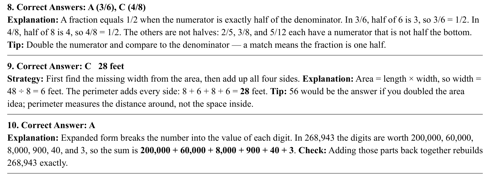 Worked answers for questions 8 to 10, each giving the correct answer and the steps of the solution.