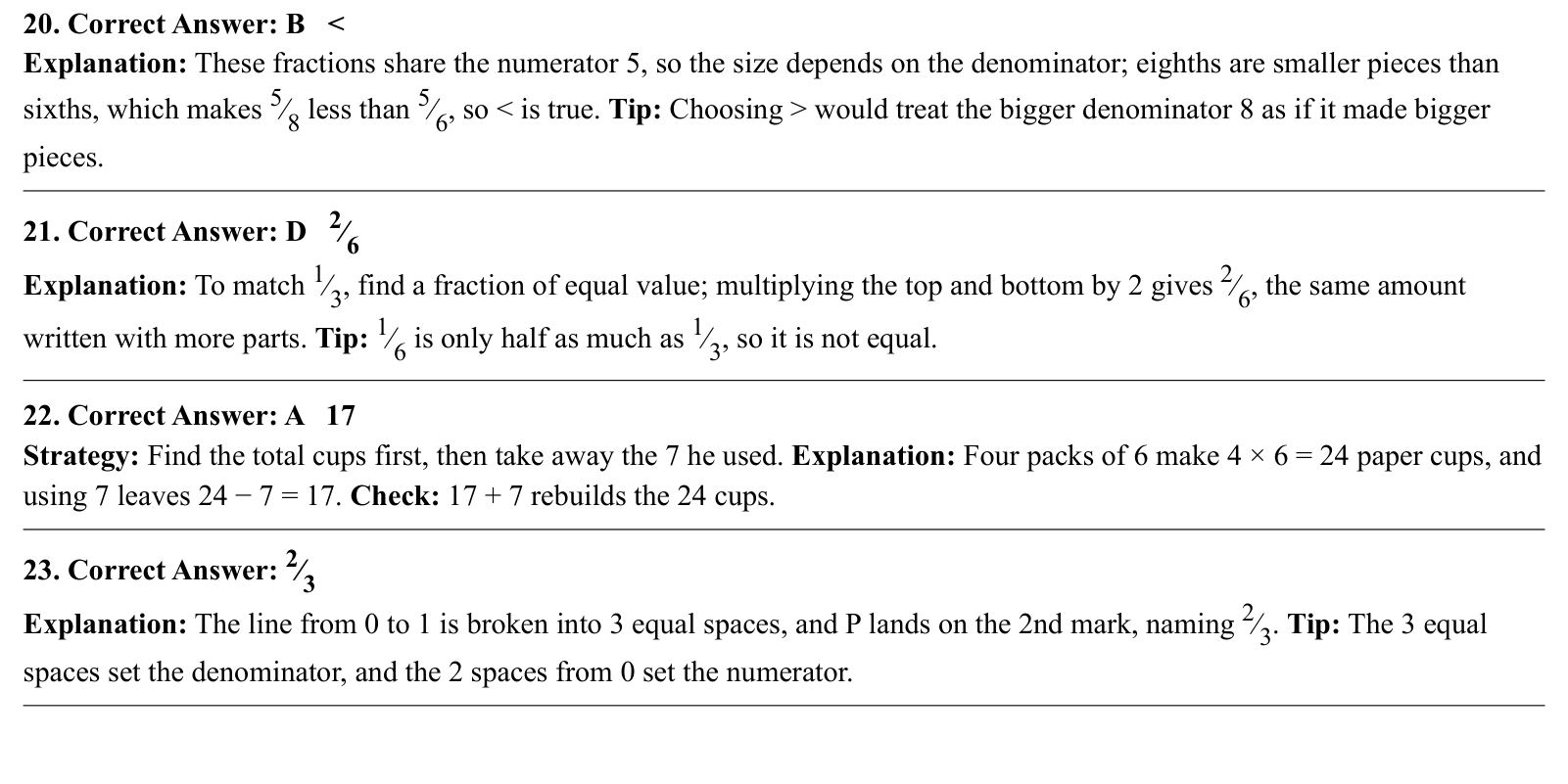 Worked answers for questions 20 to 23, each giving the correct answer and the steps of the solution.