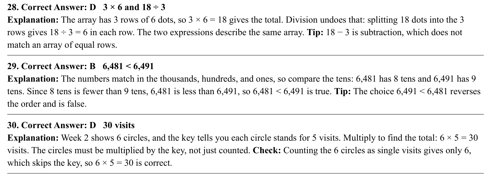 Worked answers for questions 28 to 30, each giving the correct answer and the steps of the solution.