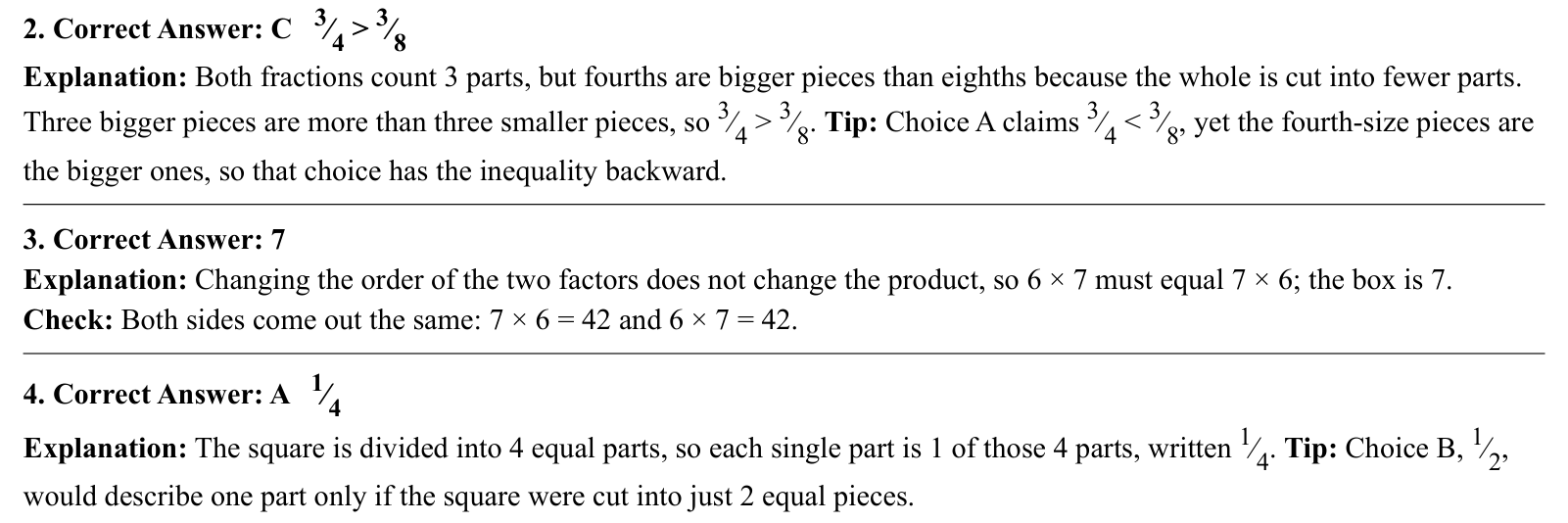 Worked answers for questions 2 to 4, each giving the correct answer and the steps of the solution.