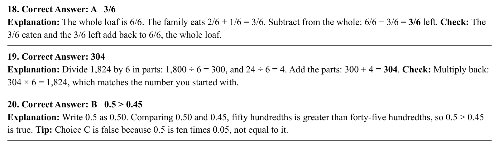 Worked answers for questions 18 to 20, each giving the correct answer and the steps of the solution.