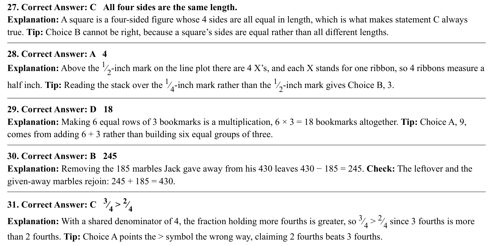 Worked answers for questions 27 to 31, each giving the correct answer and the steps of the solution.