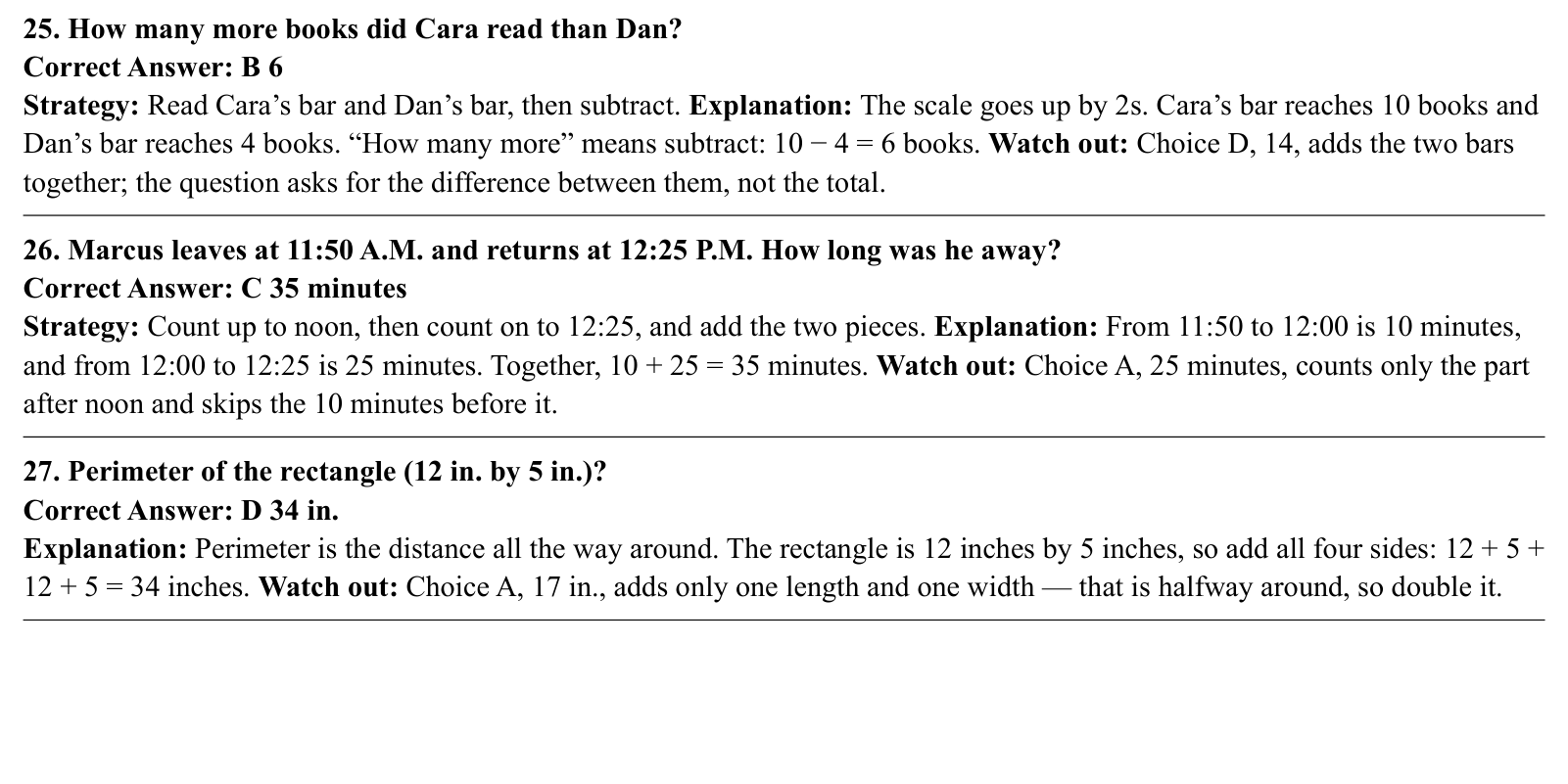 Worked answers for questions 25 to 27, each giving the correct answer and the steps of the solution.