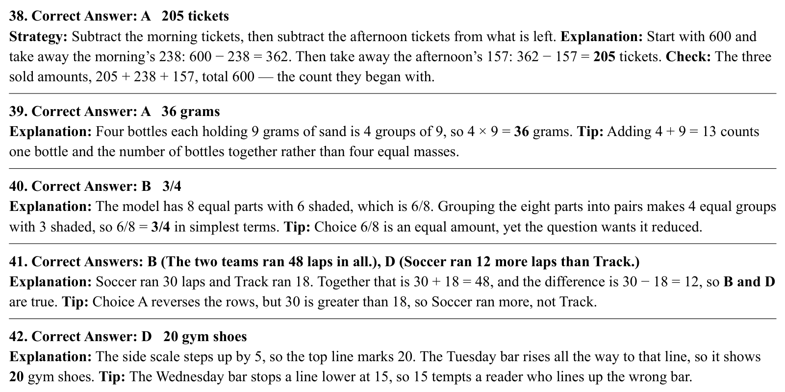Worked answers for questions 38 to 42, each giving the correct answer, the steps of the solution, and a Strategy, Tip or Check line.