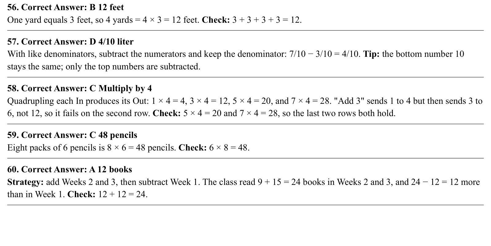 Worked answers for questions 56 to 60, each giving the correct answer and the steps of the solution.