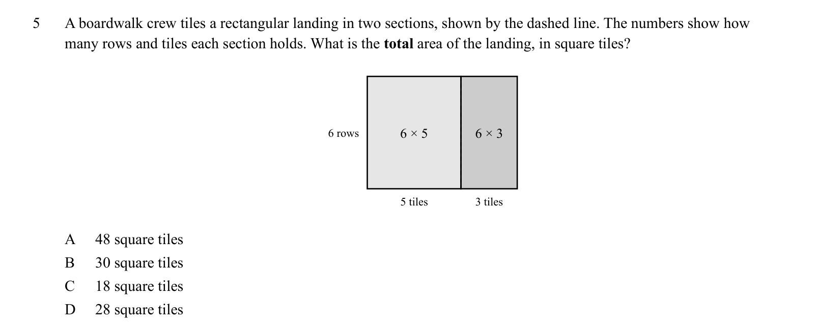 Practice question 5, built on a figure: A boardwalk crew tiles a rectangular landing in two sections, shown by the dashed line.