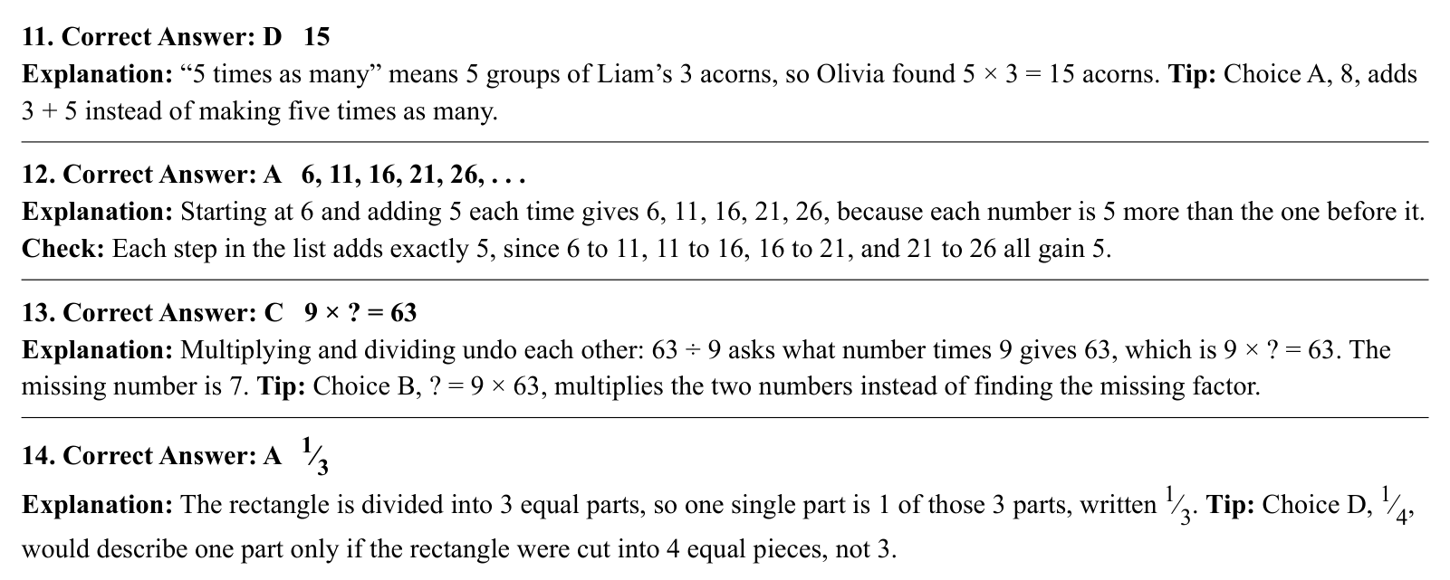 Worked answers for questions 11 to 14, each giving the correct answer and the steps of the solution.