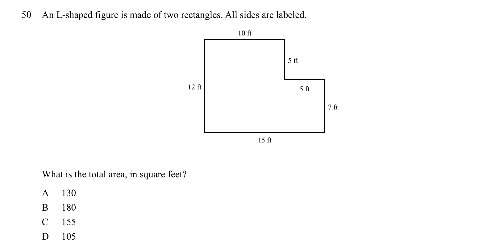 Practice question 50, built on a figure: An L-shaped figure is made of two rectangles.