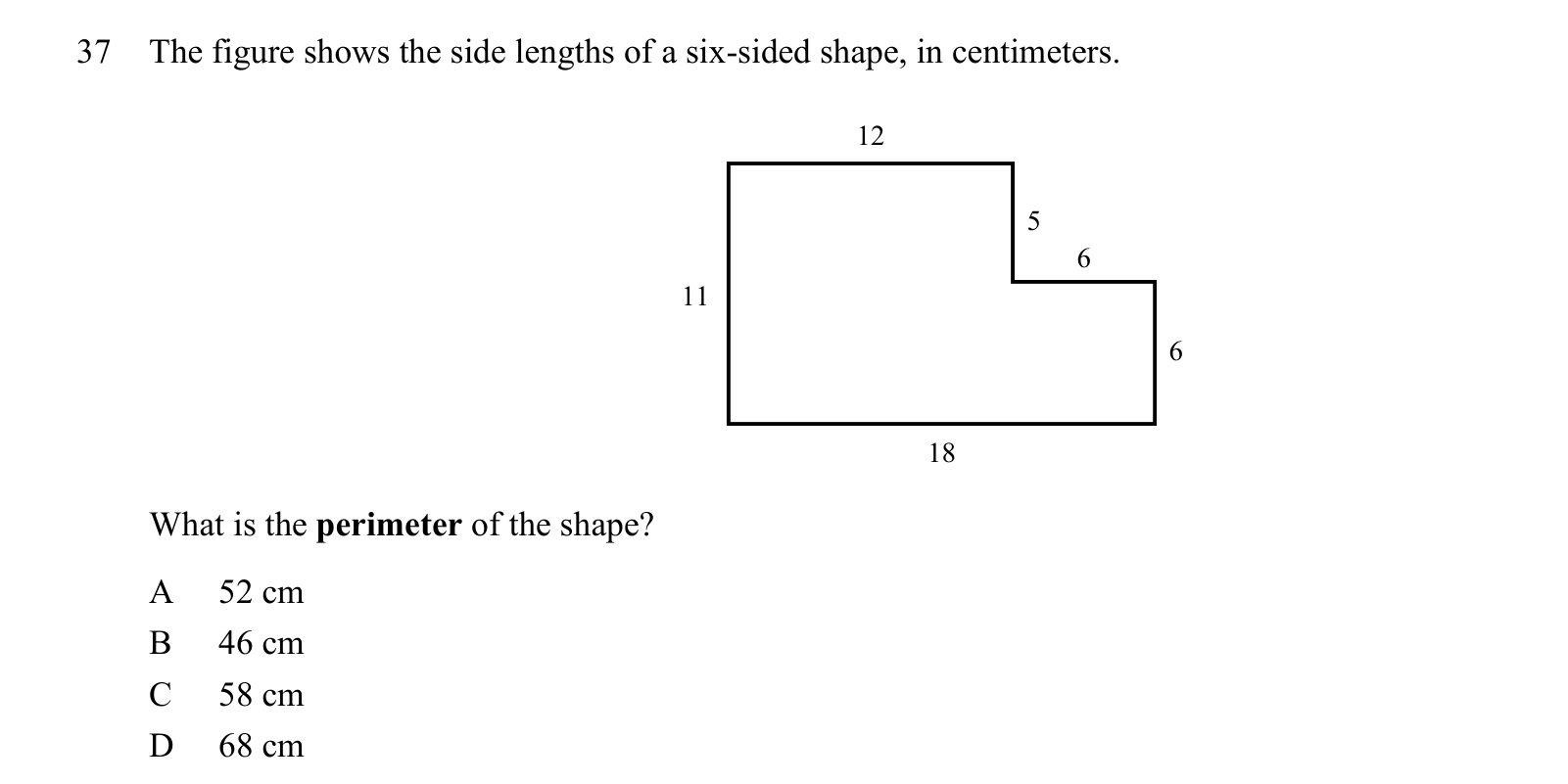 Practice question 37, built on a figure: The figure shows the side lengths of a six-sided shape, in centimeters.