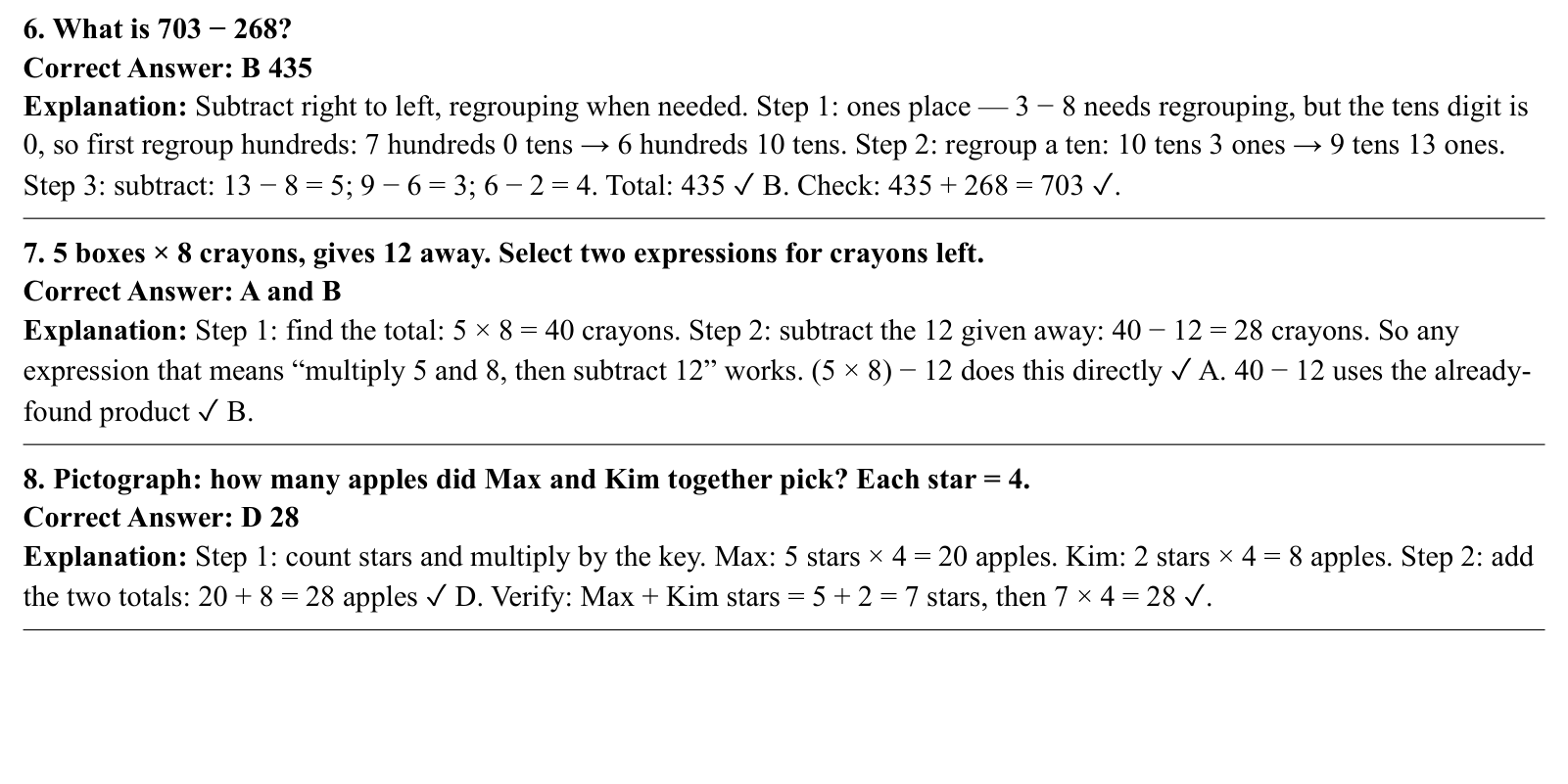 Worked answers for questions 6 to 8, each giving the correct answer and the steps of the solution.