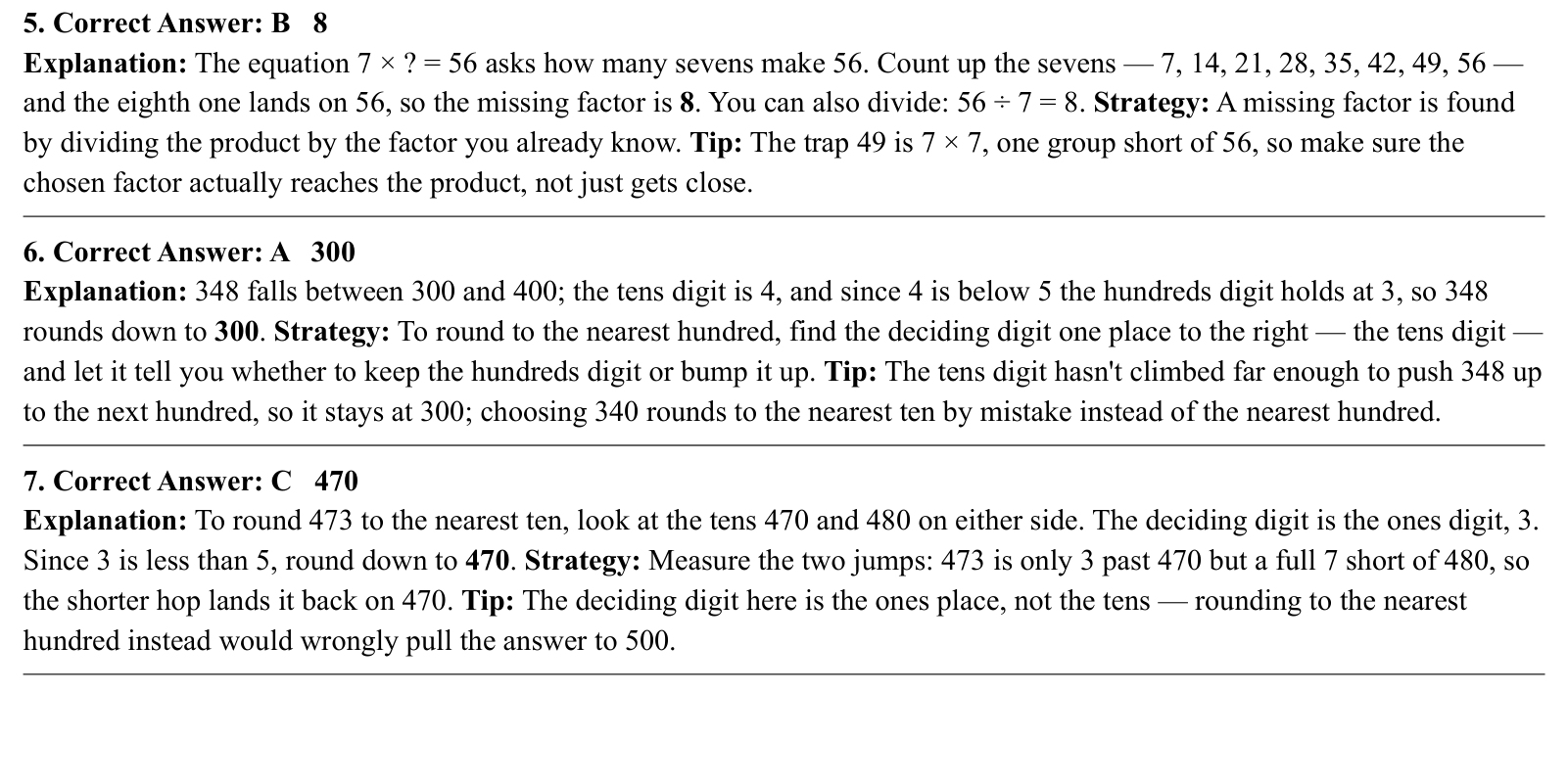 Worked answers for questions 5 to 7, each giving the correct answer and the steps of the solution.
