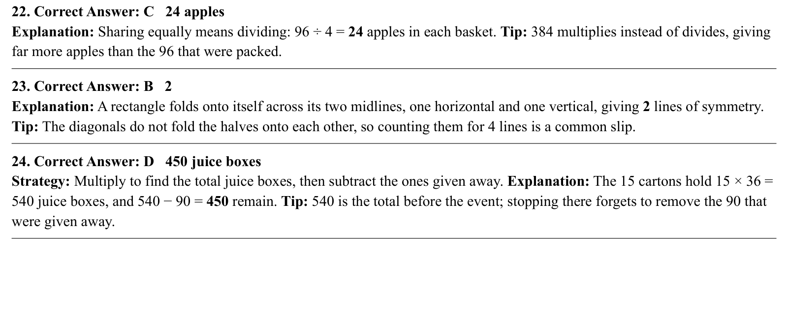 Worked answers for questions 22 to 24, each giving the correct answer and the steps of the solution.
