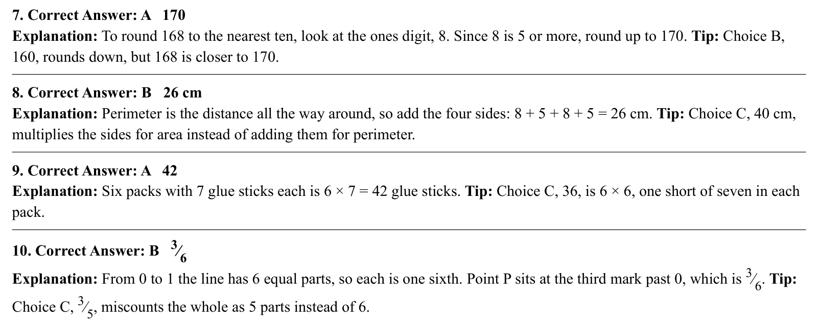 Worked answers for questions 7 to 10, each giving the correct answer and the steps of the solution.