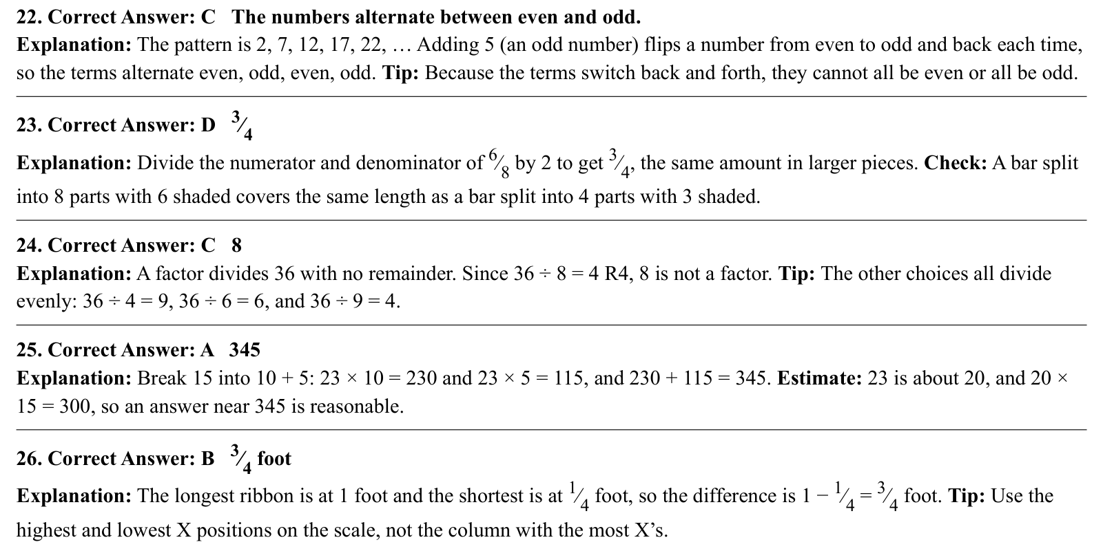 Worked answers for questions 22 to 26, each giving the correct answer and the steps of the solution.