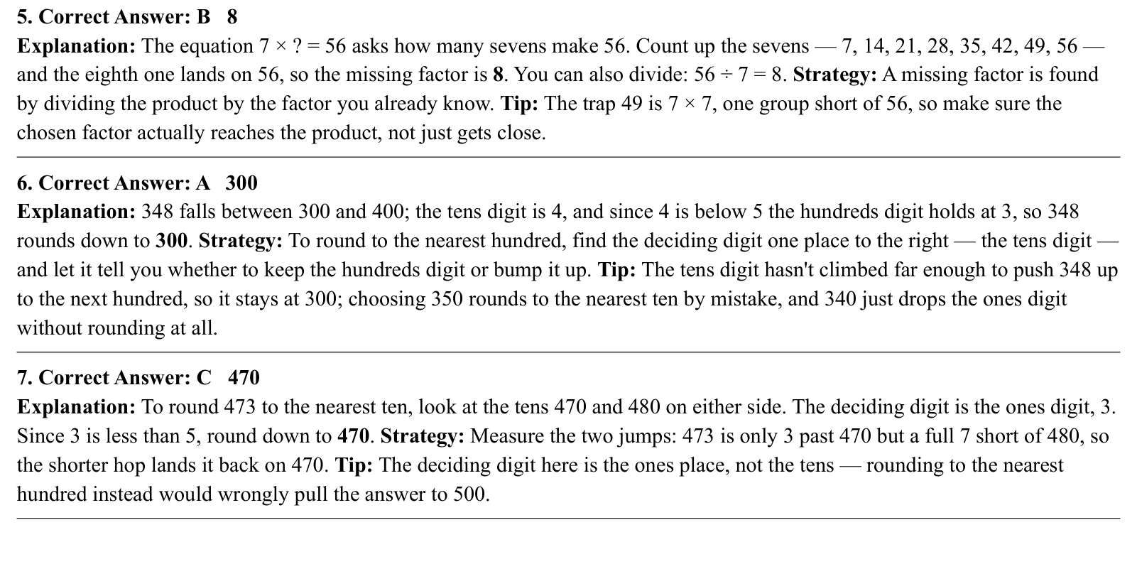 Worked answers for questions 5 to 7, each giving the correct answer and the steps of the solution.