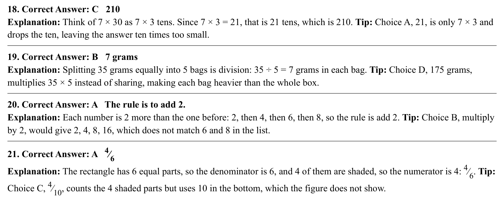 Worked answers for questions 18 to 21, each giving the correct answer and the steps of the solution.